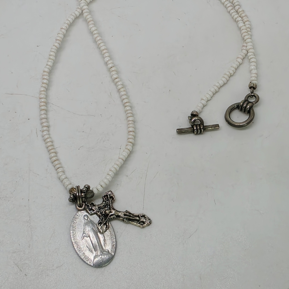 White Beaded Cross & Medal Necklace